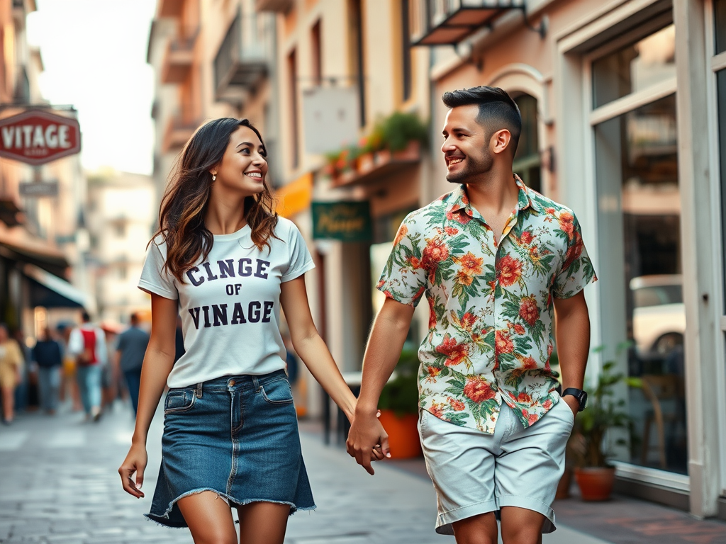 Un couple souriant se tient la main en marchant dans une rue animée, entouré de boutiques.