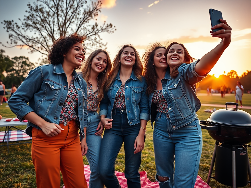 Cinq amies posent ensemble pour un selfie lors d'un barbecue, avec un coucher de soleil en arrière-plan.