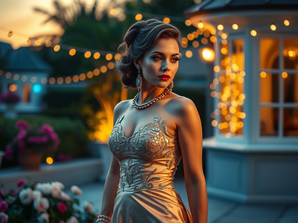 Une femme élégante en robe dorée se tient parmi des fleurs et des lumières, avec une expression captivante.