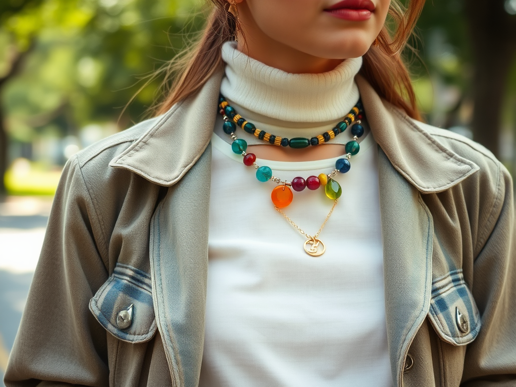 Une femme porte plusieurs colliers colorés sur un pull blanc et un manteau beige, au milieu d'un cadre naturel.