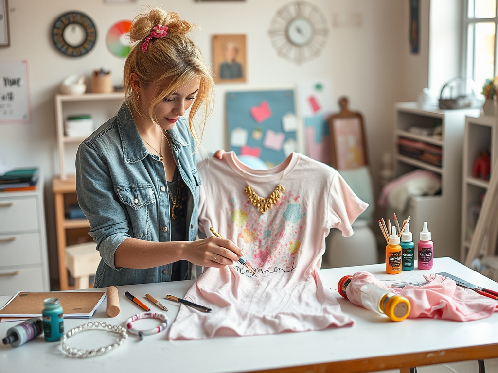 Une jeune femme dessine sur un t-shirt rose dans un atelier créatif avec des fournitures colorées.