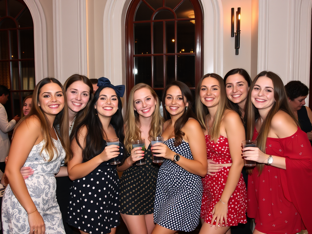 Un groupe de femmes souriantes pose pour une photo lors d'une fête, chacune tenant un verre en main.