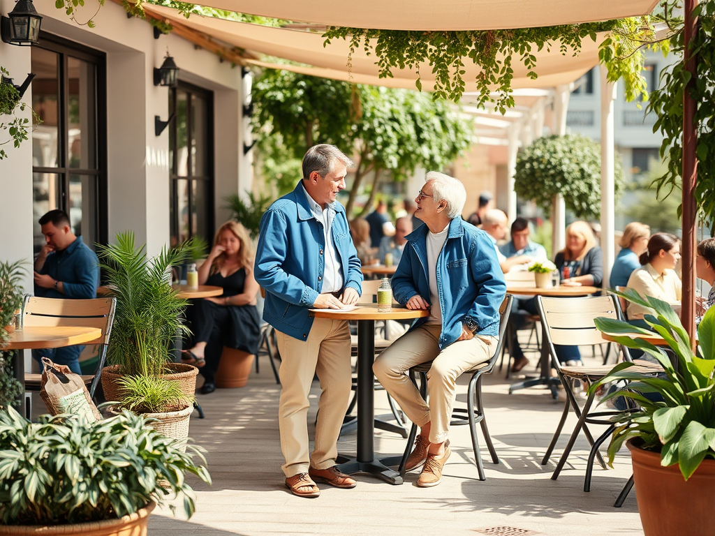 Deux hommes en vestes bleues discutent dans un café en terrasse, entourés de plantes et d'autres clients.