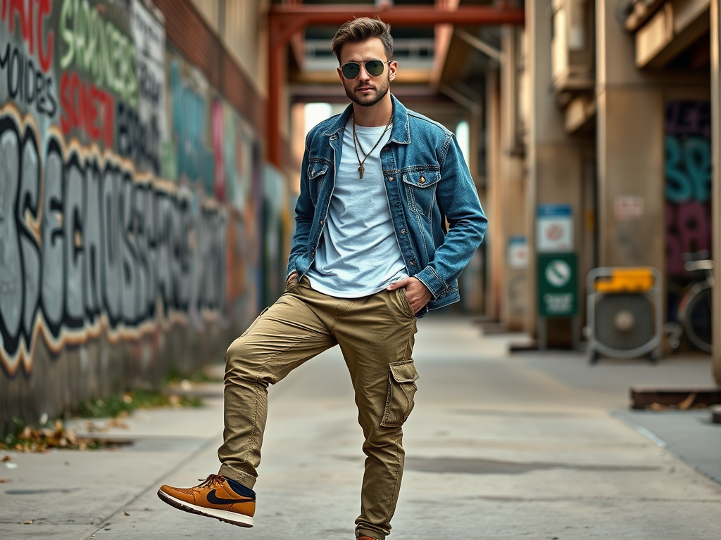 Un homme au style décontracté pose dans une ruelle colorée avec des graffitis en arrière-plan.