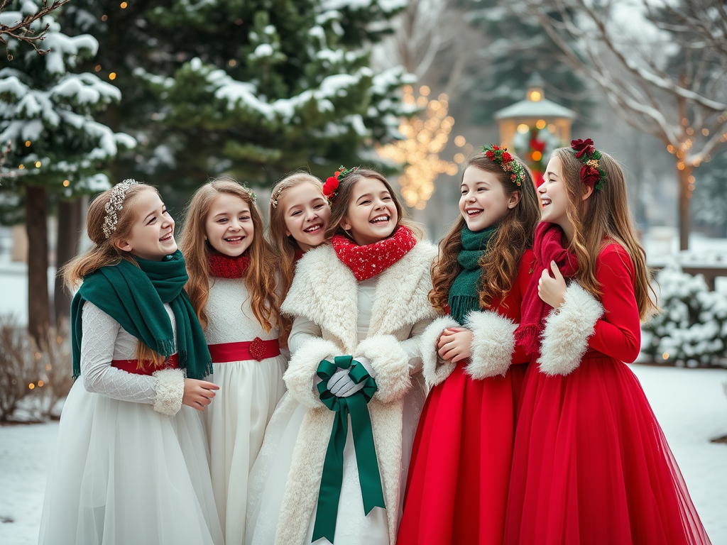 Cinq filles joyeuses, habillées en robes de fête, rient dans un décor hivernal avec des arbres enneigés.