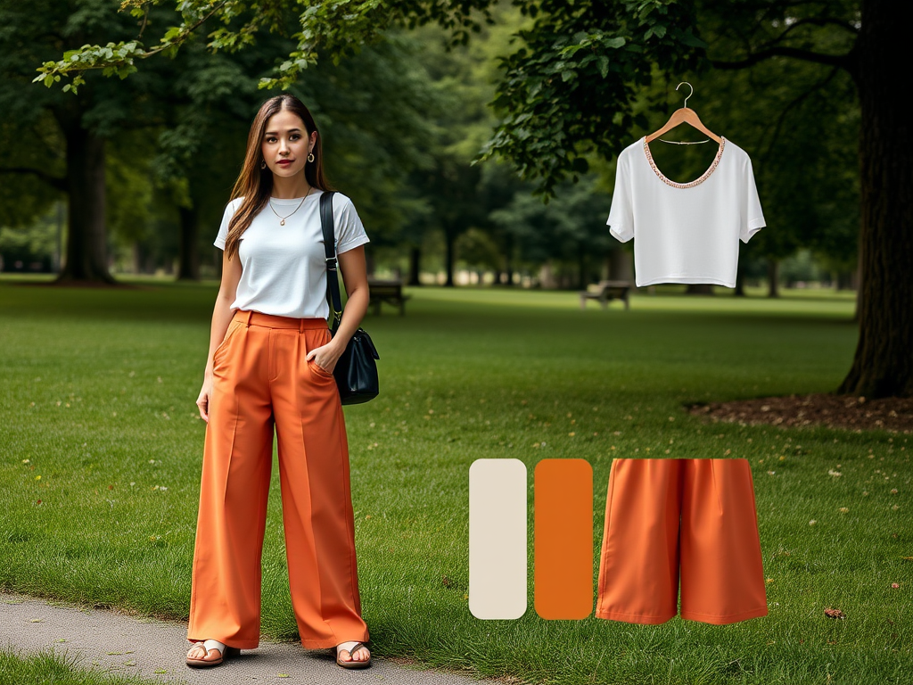 Une femme porte un t-shirt blanc et un pantalon orange, avec une chemise blanche suspendue en arrière-plan.