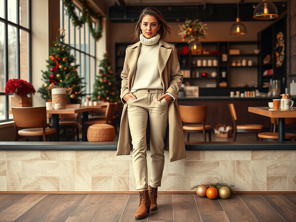 Une femme en manteau beige et pull blanc se tient dans un café décoré pour Noël, entourée d'arbres et de décorations.