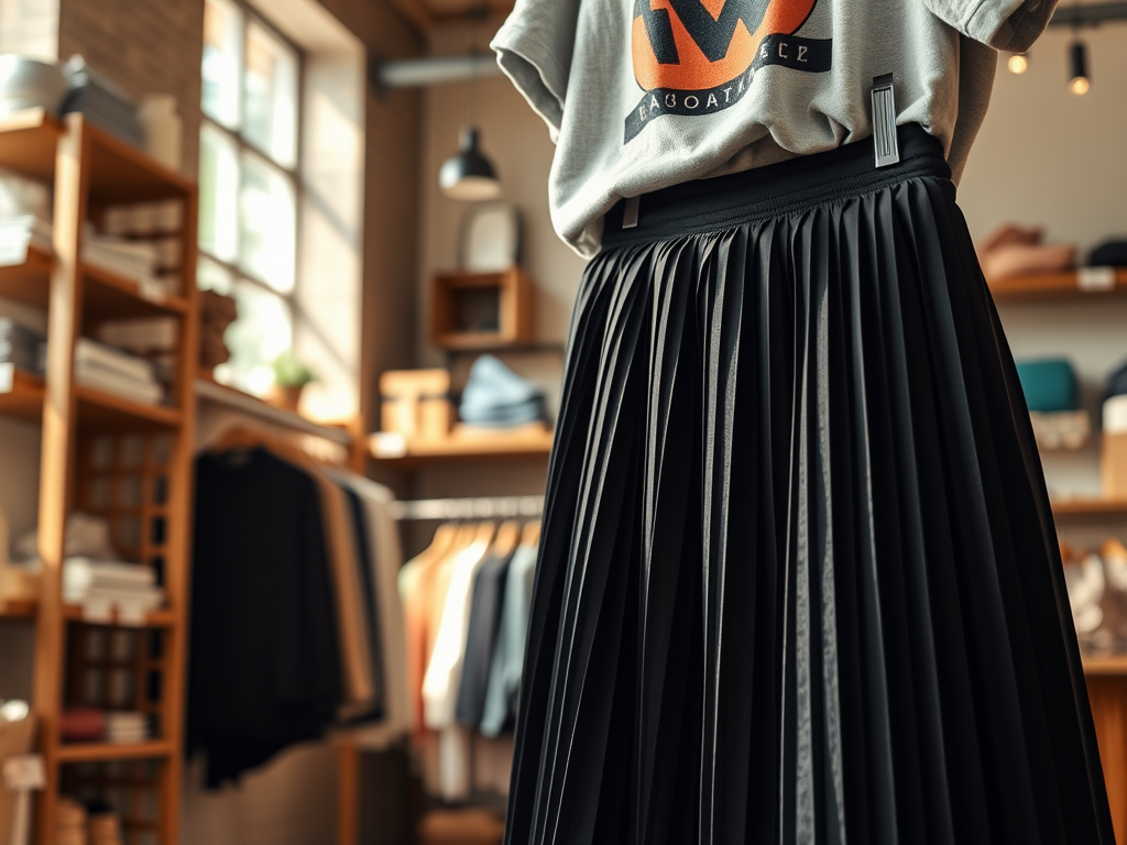 Un jupón plissé noir suspendu à côté d'un t-shirt dans un magasin de vêtements moderne.