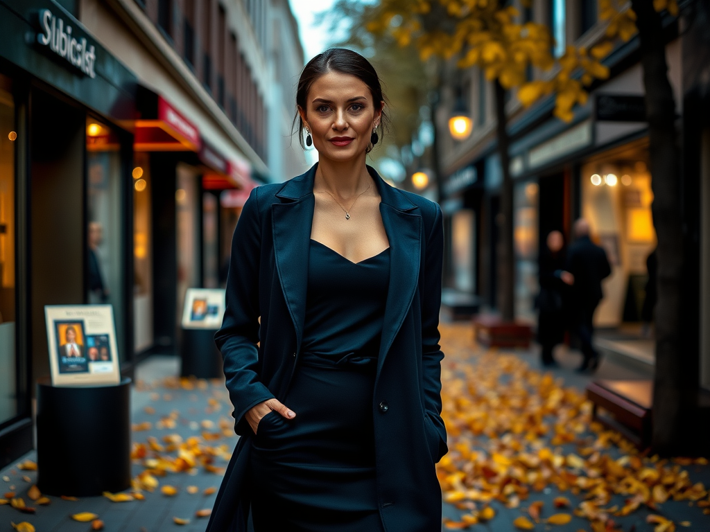 Une femme élégante en tenue noire se tient dans une rue bordée de feuilles d'automne et de boutiques.