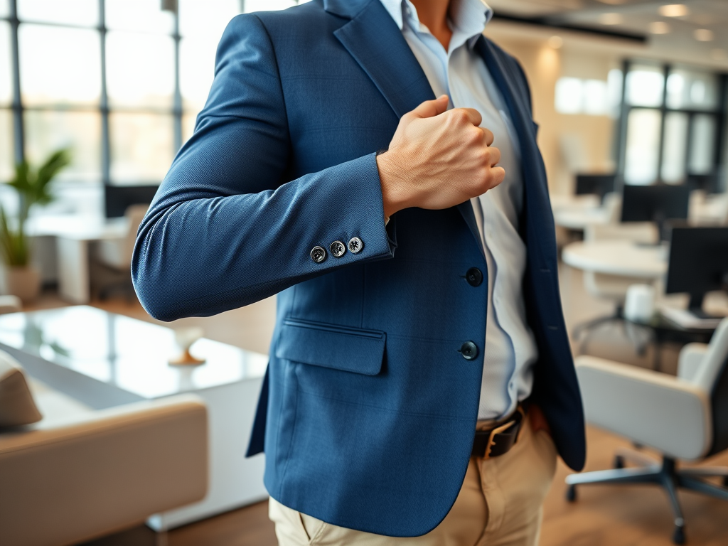 Un homme en costume bleu ajuste sa manche dans un bureau moderne avec des espaces de travail.