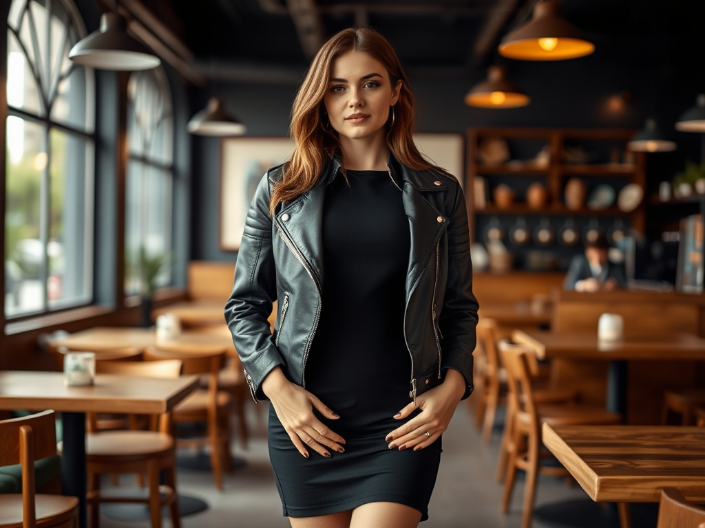 Une femme avec une veste en cuir noire pose dans un café moderne, entourée de tables en bois.