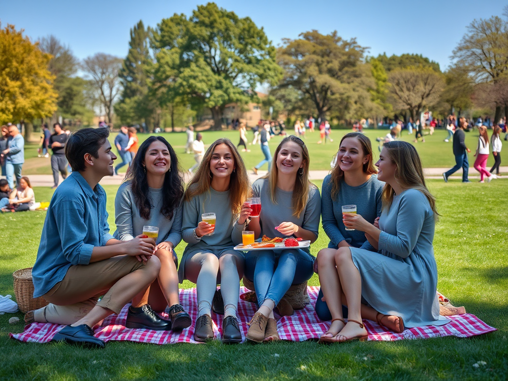 Un groupe d'amis s'amuse lors d'un pique-nique en plein air, appréciant des boissons et des fruits sur une couverture.