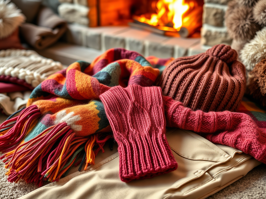 Écharpe colorée, bonnet en tricot et gants rouges, près d'une cheminée avec des flammes. Ambiance chaleureuse.