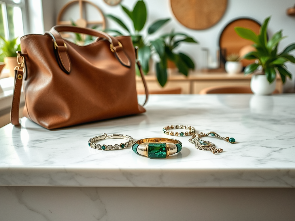 Un sac en cuir marron avec des bijoux colorés sur une table en marbre, entouré de plantes.