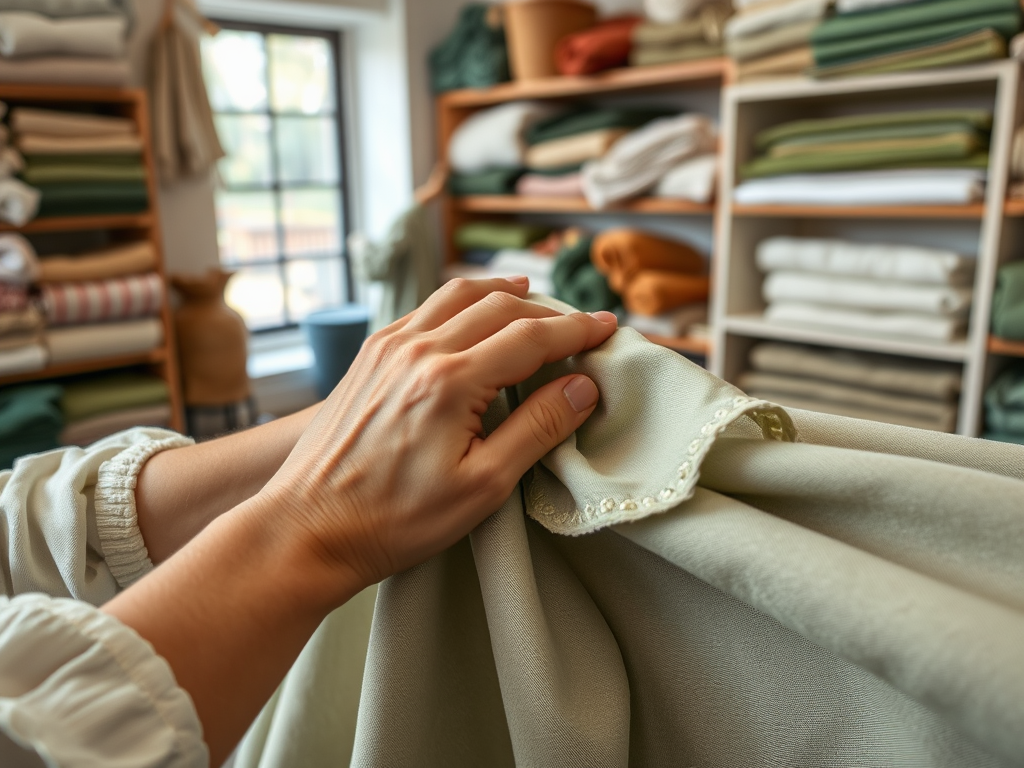 Une main touche un tissu vert clair dans un magasin rempli de rouleaux de tissus de différentes couleurs.